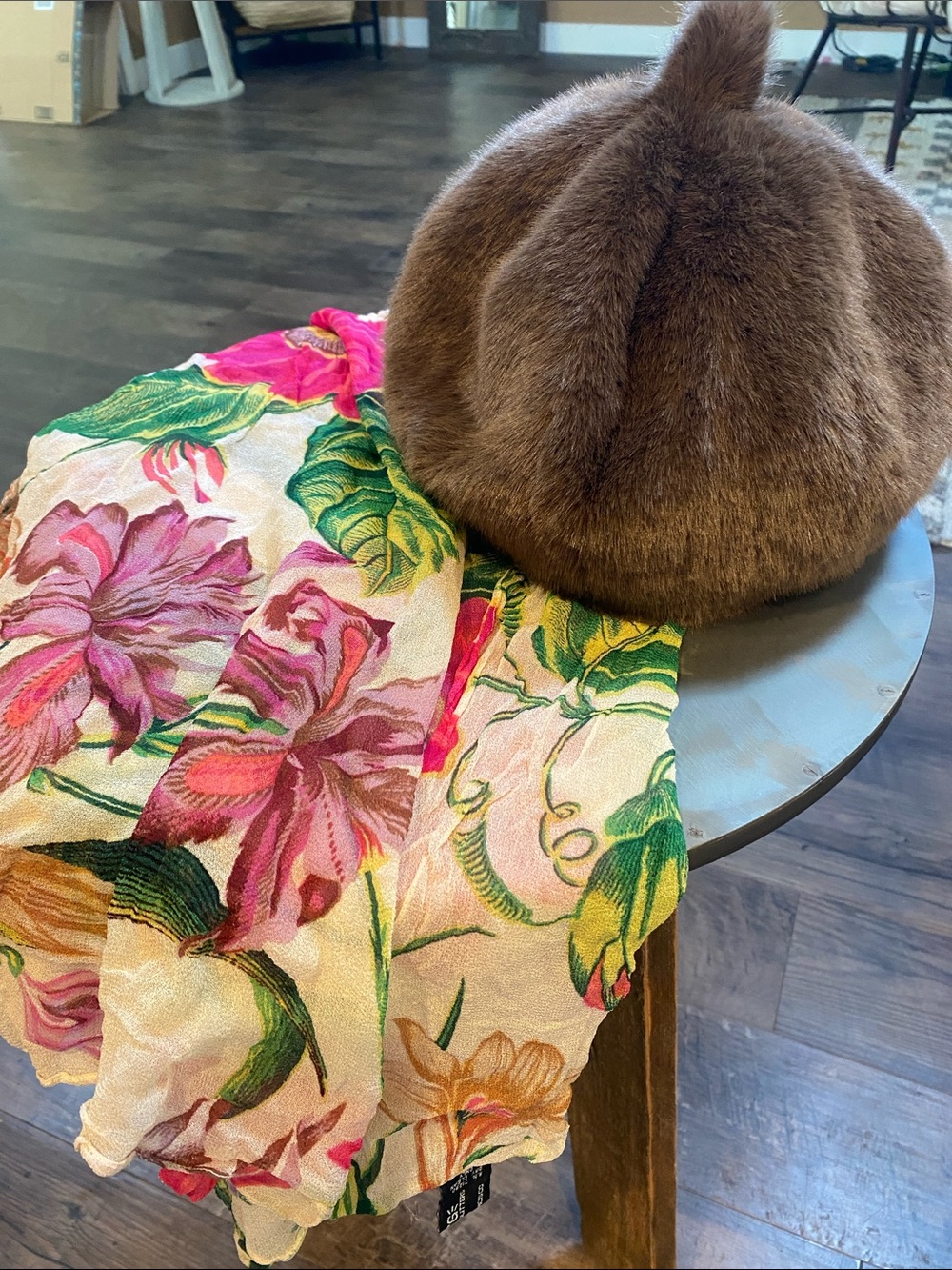 Floral Print Scarf in Pink & Green  (vintage scarf)with Brown Faux Fur Hat
